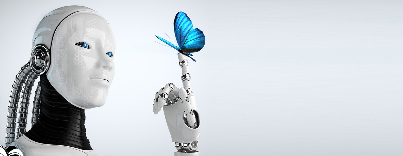 robot android women and butterfly