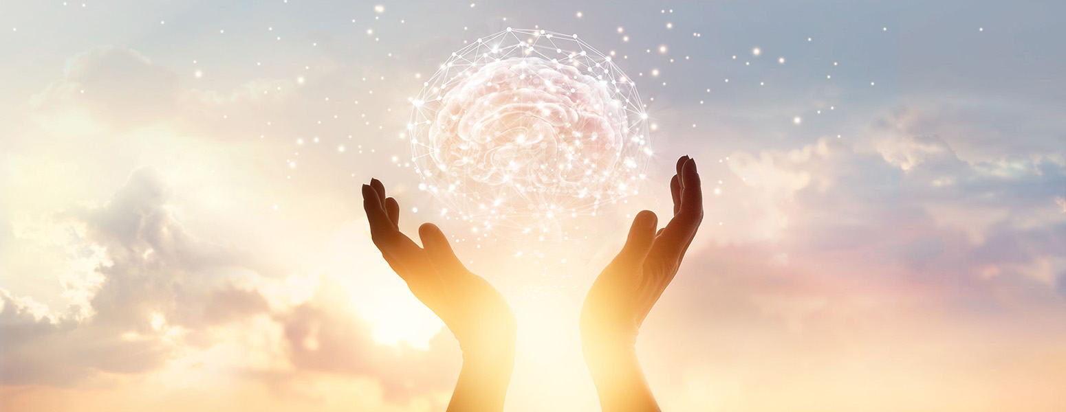 Abstract palm hands touching brain with network connections, innovative technology in science and communication concept